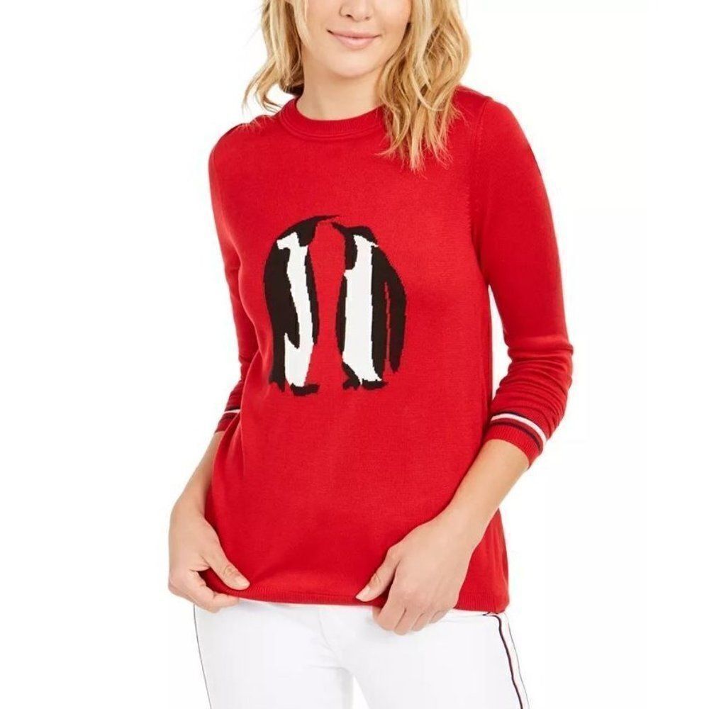 Tommy Hilfiger Penguin Novelty Print Lightweight Crew Neck Sweater Large Red